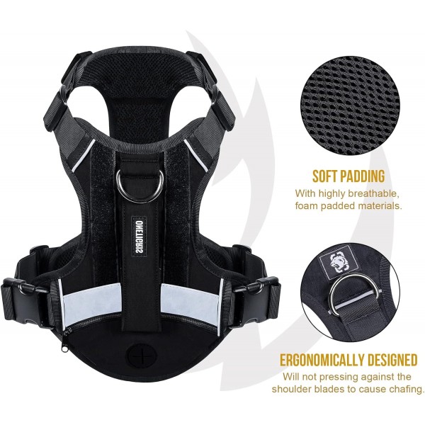 OneTigris Grover Tactical No Pull Dog Harness for Large/Medium Dogs 조절 가능한 가슴 하네스 강아지 1 핸들 개 조끼와 똥 가방 포켓 반사 스트립 L (목: 45-63cm, 가슴: 68-91cm) 블랙