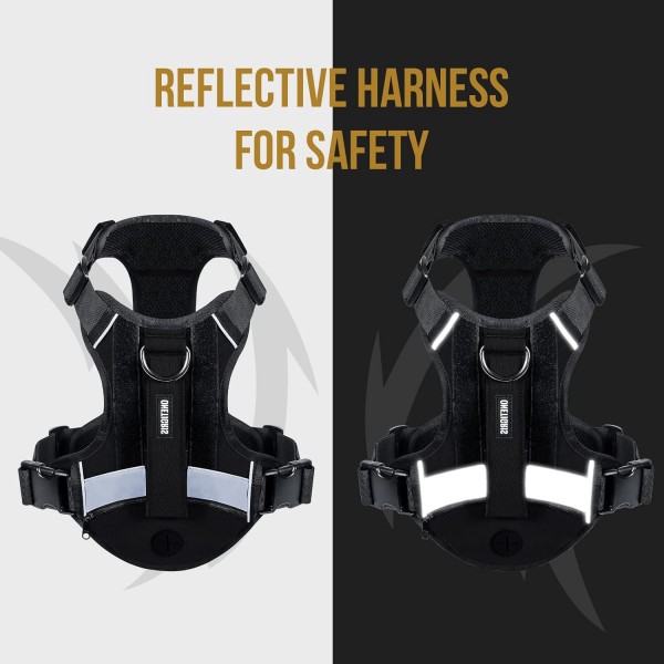 OneTigris Grover Tactical No Pull Dog Harness for Large/Medium Dogs 조절 가능한 가슴 하네스 강아지 1 핸들 개 조끼와 똥 가방 포켓 반사 스트립 L (목: 45-63cm, 가슴: 68-91cm) 블랙