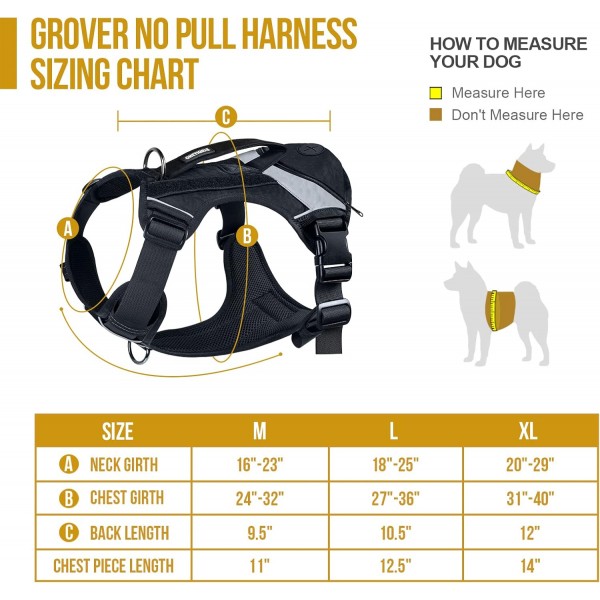 OneTigris Grover Tactical No Pull Dog Harness for Large/Medium Dogs 조절 가능한 가슴 하네스 강아지 1 핸들 개 조끼와 똥 가방 포켓 반사 스트립 L (목: 45-63cm, 가슴: 68-91cm) 블랙