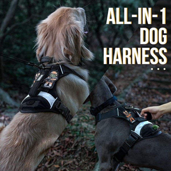 OneTigris Grover Tactical No Pull Dog Harness for Large/Medium Dogs 조절 가능한 가슴 하네스 강아지 1 핸들 개 조끼와 똥 가방 포켓 반사 스트립 L (목: 45-63cm, 가슴: 68-91cm) 블랙