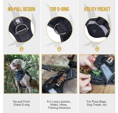 OneTigris Grover Tactical No Pull Dog Harness for Large/Medium Dogs 조절 가능한 가슴 하네스 강아지 1 핸들 개 조끼와 똥 가방 포켓 반사 스트립 L (목: 45-63cm, 가슴: 68-91cm) 블랙
