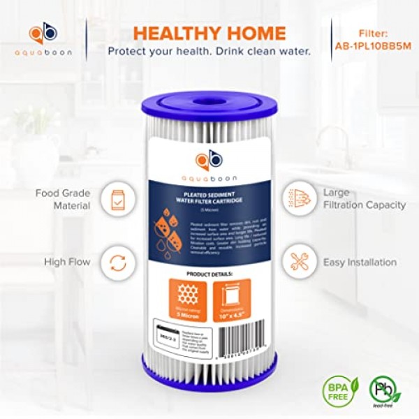 Aquaboon 10 x 4.5 집 전체 정수 필터 교체 카트리지 - 5 마이크론 주름형 침전물 필터 - 집 전체 우물 정수 필터는 R50-BBSA, GE FXHSC, GXWH35F, GXWH40L 교체 필터에 적합합니다. 4팩