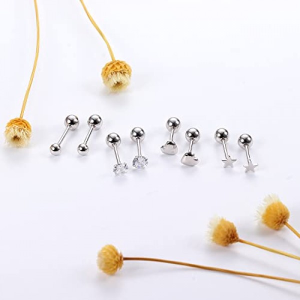 LOLIAS 4 쌍 여성용 솔리드 925 스털링 실버 스터드 귀걸이 세트 남성용 작은 작은 볼 하트 스타 큐빅 지르코니아 귀걸이 저자 극성 연골 헬릭스 귀 피어싱 귀걸이