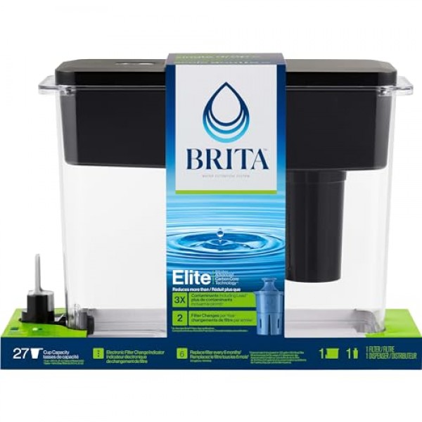 브리타 울트라맥스 엘리트 대형 정수기, BPA 무함유, 연간 1,800개의 플라스틱 물병 교체, 6개월 또는 120갤런 지속, 필터 1개 포함, 주방 액세서리, 대형 - 27컵