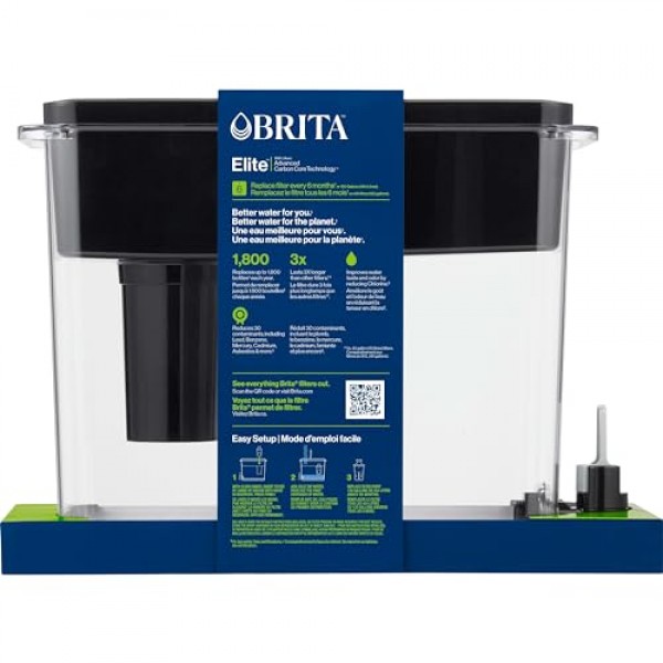 브리타 울트라맥스 엘리트 대형 정수기, BPA 무함유, 연간 1,800개의 플라스틱 물병 교체, 6개월 또는 120갤런 지속, 필터 1개 포함, 주방 액세서리, 대형 - 27컵