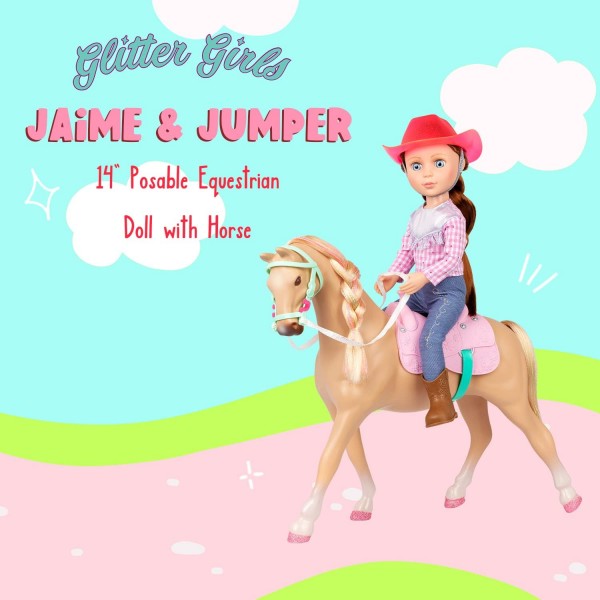 글리터 걸스 62243435759 Jaime & Jumper 36 cm Poseable Equestrian Doll with Horse – Brown Hair & Blue Eyes – Riding Outfit with Cowgirl Hat, Multi-Color