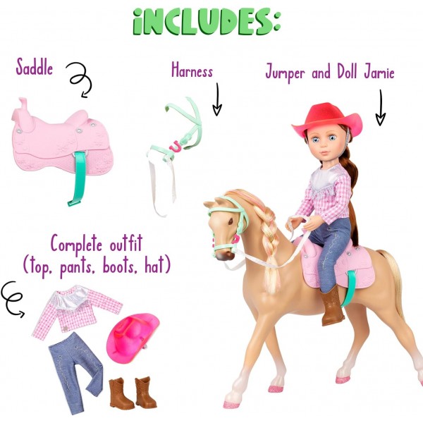 글리터 걸스 62243435759 Jaime & Jumper 36 cm Poseable Equestrian Doll with Horse – Brown Hair & Blue Eyes – Riding Outfit with Cowgirl Hat, Multi-Color
