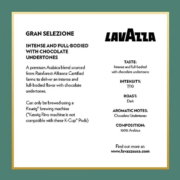 큐리그 브루어용 Lavazza Gran Selezione 1인용 커피 K-컵, 다크 로스트, 88 캡슐 밸류 팩, 100% 아라비카