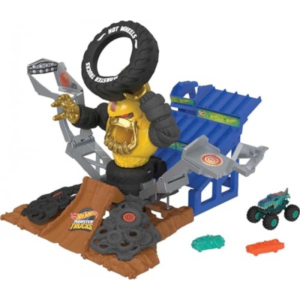 Hot Wheels 몬스터 트럭 아레나 스매셔 Mega-Wrex 대 Crushzilla 테이크다운 플레이 세트(1:64 스케일 Mega-Wrex 장난감 트럭 및 6대의 분쇄 가능한 자동차 포함)