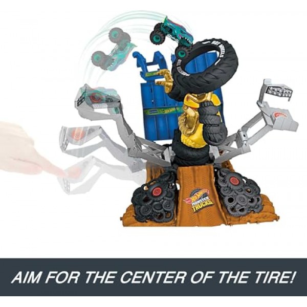 Hot Wheels 몬스터 트럭 아레나 스매셔 Mega-Wrex 대 Crushzilla 테이크다운 플레이 세트(1:64 스케일 Mega-Wrex 장난감 트럭 및 6대의 분쇄 가능한 자동차 포함)