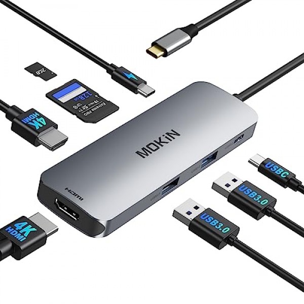 MOKiN USB C 도킹 스테이션 듀얼 모니터, USB C-듀얼 HDMI 어댑터, 2개의 HDMI(4K @60Hz)가 포함된 8 in 1 노트북 도킹 스테이션, PD 충전, USB A&C 3.0 포트, Dell/HP/Lenovo/Surface/용 SD/TF 요
