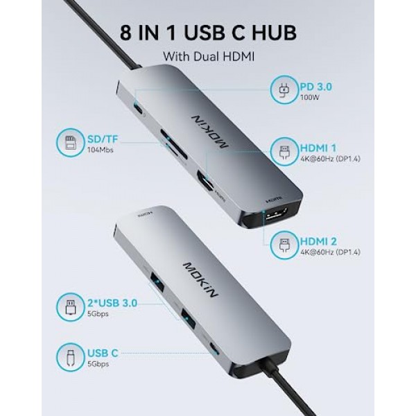 MOKiN USB C 도킹 스테이션 듀얼 모니터, USB C-듀얼 HDMI 어댑터, 2개의 HDMI(4K @60Hz)가 포함된 8 in 1 노트북 도킹 스테이션, PD 충전, USB A&C 3.0 포트, Dell/HP/Lenovo/Surface/용 SD/TF 요