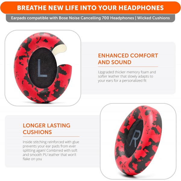 WC Wicked Cushions Bose 700 소음 제거 헤드폰(NC700)용 교체용 이어 패드 업그레이드 - 더 부드러운 PU 가죽, 고급스러운 메모리 폼, 추가된 두께, 추가 내구성 | 레드 카모