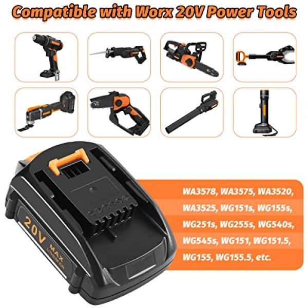 Worx 배터리 20V용 3.5Ah 교체용 배터리 Worx 20V 배터리와 호환 가능 WA3578 WA3575 WA3520 WA3525 WG151s WG155s WG251s WG255s WG540s WG545s WG890 WG891, 2Pack