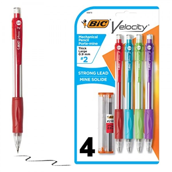 BIC Velocity 강력 리드 샤프 펜슬, 컬러풀 배럴 포함, 두꺼운 포인트(0.9mm), 4개 팩 지우개 포함 샤프 펜슬