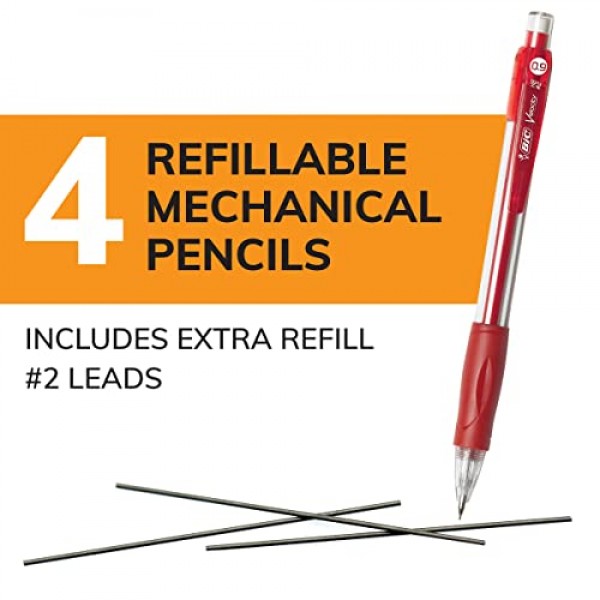 BIC Velocity 강력 리드 샤프 펜슬, 컬러풀 배럴 포함, 두꺼운 포인트(0.9mm), 4개 팩 지우개 포함 샤프 펜슬