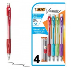 BIC Velocity 강력 리드 샤프 펜슬, 컬러풀 배럴 포함, 두꺼운 포인트(0.9mm), 4개 팩 지우개 포함 샤프 펜슬