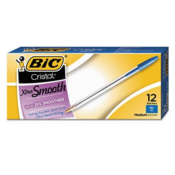 BIC Cristal Xtra Smooth Blue 볼펜, 미디엄 포인트(1.0mm), 12개 팩, 매우 부드럽고 안정적인 볼펜