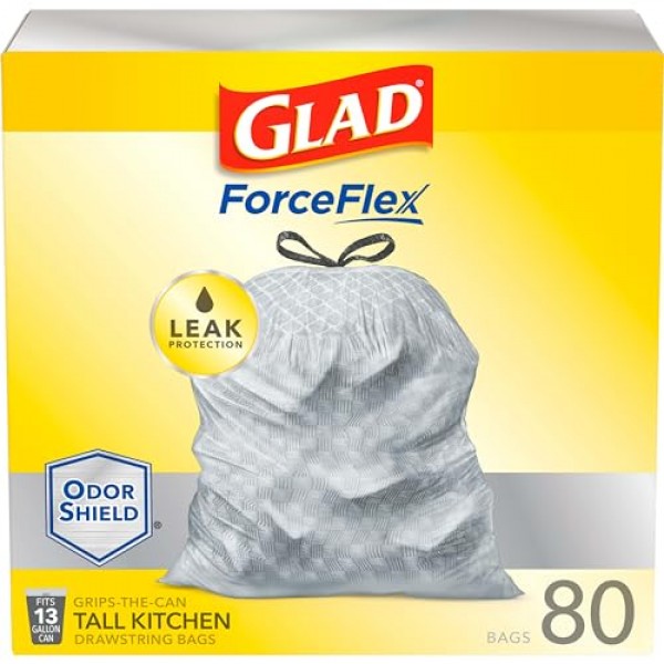Glad ForceFlex 키가 큰 주방용 조임끈 쓰레기 봉투, 13갤런, OdorShield, 80Ct