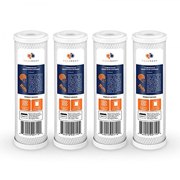 Aquaboon 5 마이크론 정수 필터 10 x 2.5인치 | CTO 활성탄 블록 필터 | WHEF-WHWC, WHKF-WHWC, WFPFC8002, FXWTC, 4팩과 호환되는 집 전체 정수 필터 교체 카트리지