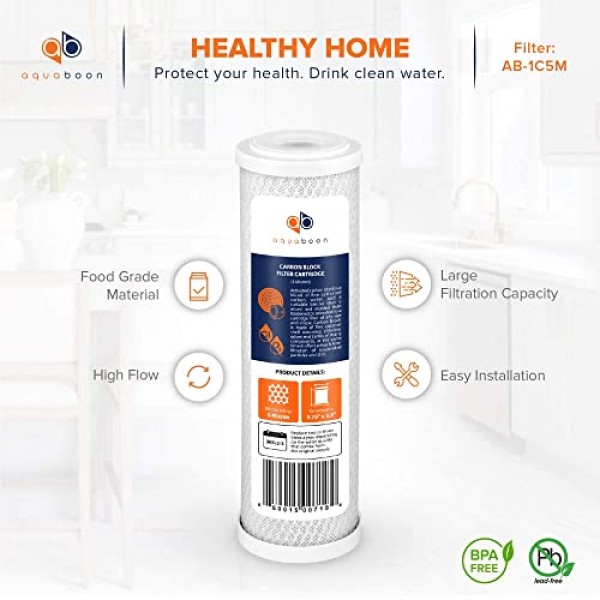 Aquaboon 5 마이크론 정수 필터 10 x 2.5인치 | CTO 활성탄 블록 필터 | WHEF-WHWC, WHKF-WHWC, WFPFC8002, FXWTC, 4팩과 호환되는 집 전체 정수 필터 교체 카트리지
