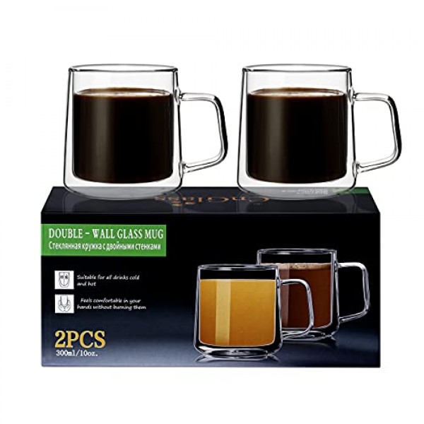 CNGLASS 10온스 유리 커피 머그, 손잡이가 있는 이중 벽 절연 유리 머그, 라떼용 투명 에스프레소 머그, 카푸치노, 티백, 2개 세트