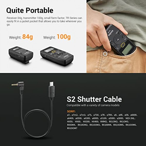 소니용 Godox TR-S2 원격 셔터 릴리즈, 소니 a7 a7m2 a7m3 a7S a7SII a7R a7RII a9 a9II a58 a6600 a6400 a6500 a6300 a6000 a5100 RX100M7용 무선 셔터 릴리즈 간격계