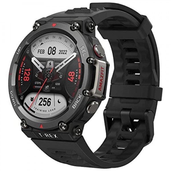 Amazfit T-Rex 2 견고한 스마트 시계, 군용 인증, GPS, 24일 배터리 수명, 심박수, VO2, SPO2 모니터링, 페이서, 고도, 10 ATM 방수, 수면 모니터링(검은색)