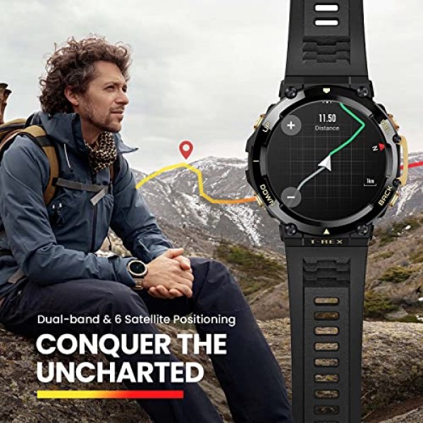 Amazfit T-Rex 2 견고한 스마트 시계, 군용 인증, GPS, 24일 배터리 수명, 심박수, VO2, SPO2 모니터링, 페이서, 고도, 10 ATM 방수, 수면 모니터링(검은색)