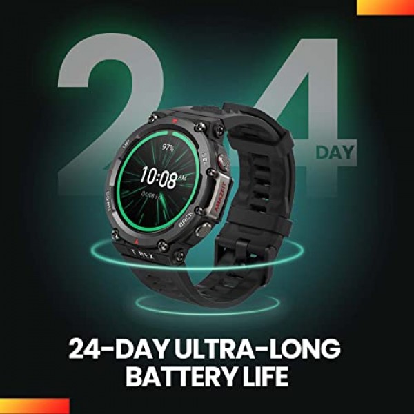 Amazfit T-Rex 2 견고한 스마트 시계, 군용 인증, GPS, 24일 배터리 수명, 심박수, VO2, SPO2 모니터링, 페이서, 고도, 10 ATM 방수, 수면 모니터링(검은색)
