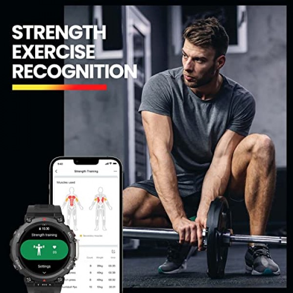 Amazfit T-Rex 2 견고한 스마트 시계, 군용 인증, GPS, 24일 배터리 수명, 심박수, VO2, SPO2 모니터링, 페이서, 고도, 10 ATM 방수, 수면 모니터링(검은색)