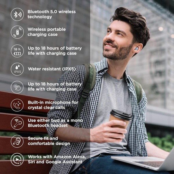 Motorola Lifestyle VerveBuds 250 - 블루투스 인이어 진정한 무선 헤드폰 - 휴대용, 무선 충전 케이스 - 18시간 - IPX5 방수 - 터치 컨트롤 - Alexa,Siri,Google과 호환 - 블루