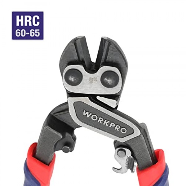WORKPRO 8인치 미니 볼트 커터, 보안 잠금 장치 및 보다 효율적인 활용이 가능한 3색 이중 소재 인체공학적 핸들, 크롬 몰리브덴 강철 블레이드