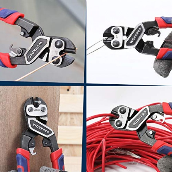 WORKPRO 8인치 미니 볼트 커터, 보안 잠금 장치 및 보다 효율적인 활용이 가능한 3색 이중 소재 인체공학적 핸들, 크롬 몰리브덴 강철 블레이드