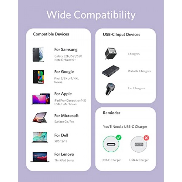 Anker USB-C-USB-C 케이블, 케이블 100W 6피트, USB 2.0 Type C 충전 케이블 iPhone 15/15Pro/15Plus/15ProMax, MacBook Pro 2020, iPad Pro 2020, iPad Air 4, Galaxy S23(라일락 퍼플)용 고속 충전