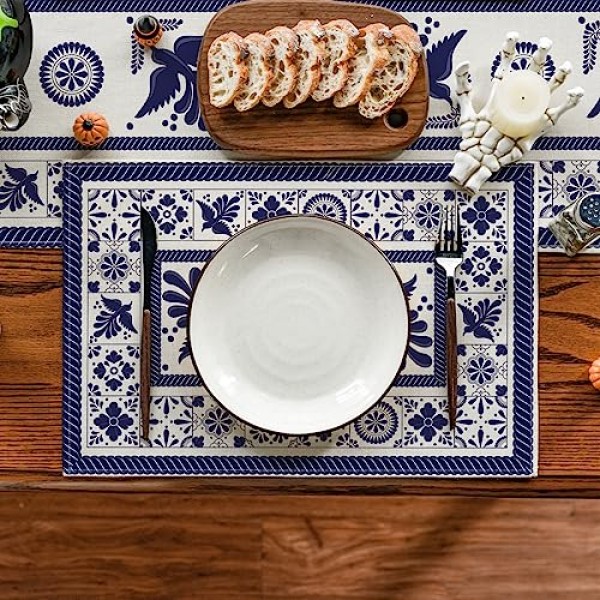 Artoid 모드 Talavera 타일 꽃 피닉스 Fiesta 멕시코 Placemats 4, 12x18 인치 계절 가을 휴가 테이블 매트 파티 주방 식사 장식 세트