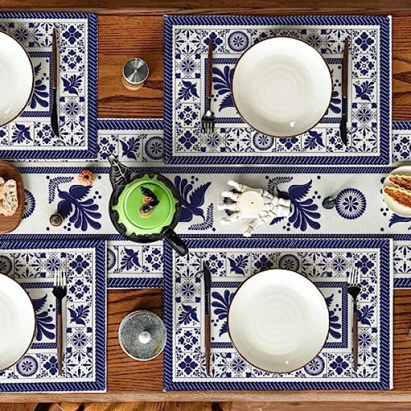 Artoid 모드 Talavera 타일 꽃 피닉스 Fiesta 멕시코 Placemats 4, 12x18 인치 계절 가을 휴가 테이블 매트 파티 주방 식사 장식 세트