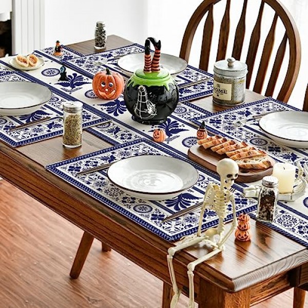 Artoid 모드 Talavera 타일 꽃 피닉스 Fiesta 멕시코 Placemats 4, 12x18 인치 계절 가을 휴가 테이블 매트 파티 주방 식사 장식 세트
