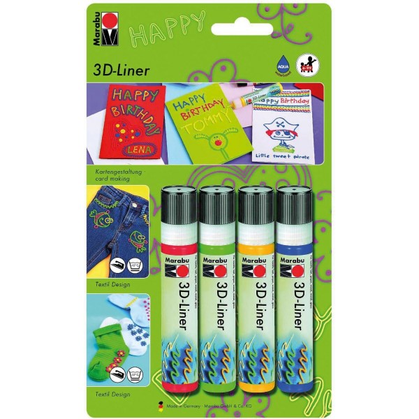 Marabu 1803000000050 - 3D Liner, 범용 수성 효과 페인트, 많은 표면에 벨벳처럼 푹신하고 릴리프 효과, 타액 방지, 빨간색, 녹색, 노란색 및 파란색의 4 x 25ml