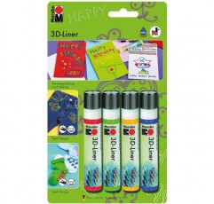 Marabu 1803000000050 - 3D Liner, 범용 수성 효과 페인트, 많은 표면에 벨벳처럼 푹신하고 릴리프 효과, 타액 방지, 빨간색, 녹색, 노란색 및 파란색의 4 x 25ml