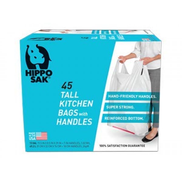 Hippo Sak HippoTrash45Count 키가 큰 주방 쓰레기 봉투(손잡이 포함), 흰색, 13갤런