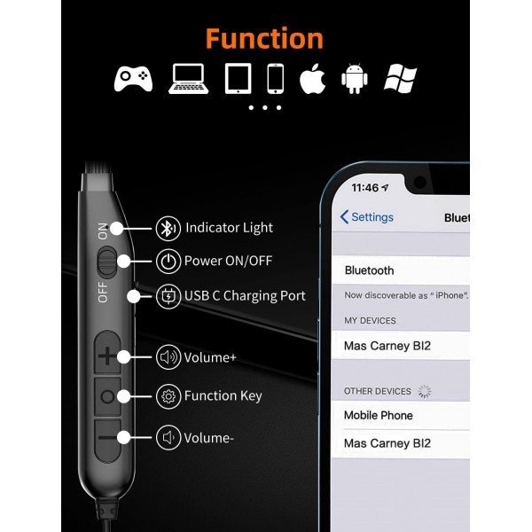 MAS CARNEY [2개] BI2 블루투스 헤드폰 인이어, 마이크가 있는 듀얼 드라이버 무선 넥밴드 이어폰, 러닝, 트레이닝 및 체육관용 헤드폰 2쌍