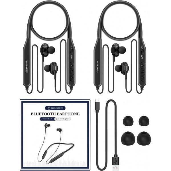 MAS CARNEY [2개] BI2 블루투스 헤드폰 인이어, 마이크가 있는 듀얼 드라이버 무선 넥밴드 이어폰, 러닝, 트레이닝 및 체육관용 헤드폰 2쌍
