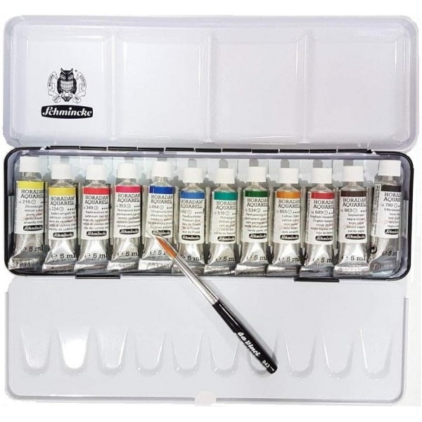 Schmincke Horadam 페인트 상자 12 x 5ml 수채화 물감 + 1 Davinci Synthetics 브러시 트래블