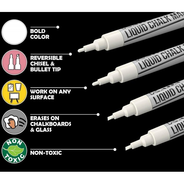 Kassa White Window Chalk Pens with Fine Point (4-Pack, 3mm) - Window Chalk Marker - 유리, 흑판 및 Windows에서 세척 가능한 칠판 CM-White-4pk-3mm