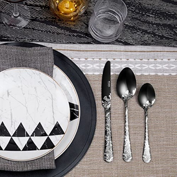 Fivent Butterfly 블랙 커트러리 세트 - 20개 - 스푼 8개, 포크 8개, 나이프 4개 포함 - 스테인레스 스틸, 식기세척기 사용 가능, 거울 광택 식기 - 내구성이 뛰어난 식기류 - 가