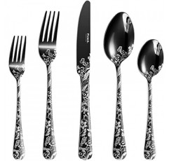 Fivent Butterfly 블랙 커트러리 세트 - 20개 - 스푼 8개, 포크 8개, 나이프 4개 포함 - 스테인레스 스틸, 식기세척기 사용 가능, 거울 광택 식기 - 내구성이 뛰어난 식기류 - 가