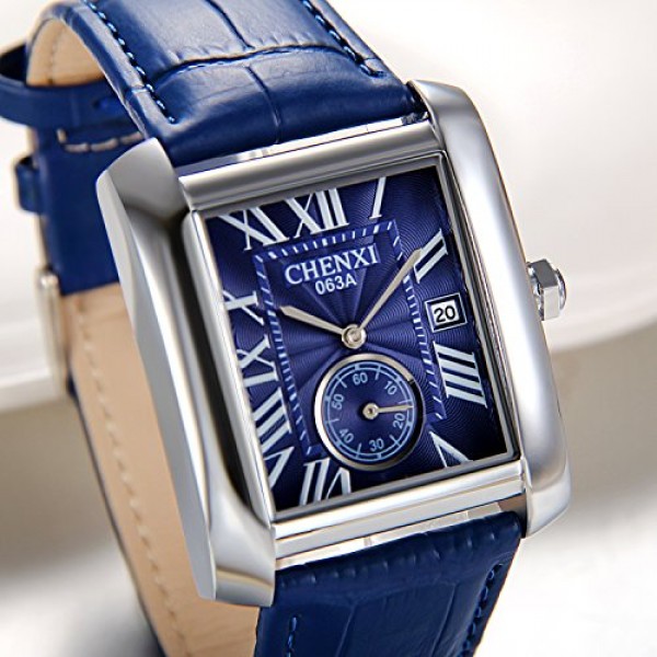 JewelryWe 남성용 레트로 캘린더 아날로그 쿼츠 시계(직사각형 로마 숫자 다이얼 및 가죽 스트랩 포함) 색상: 블랙, 블루, 브라운