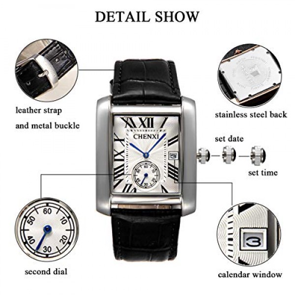 JewelryWe 남성용 레트로 캘린더 아날로그 쿼츠 시계(직사각형 로마 숫자 다이얼 및 가죽 스트랩 포함) 색상: 블랙, 블루, 브라운