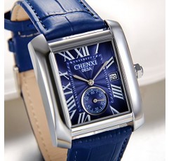 JewelryWe 남성용 레트로 캘린더 아날로그 쿼츠 시계(직사각형 로마 숫자 다이얼 및 가죽 스트랩 포함) 색상: 블랙, 블루, 브라운